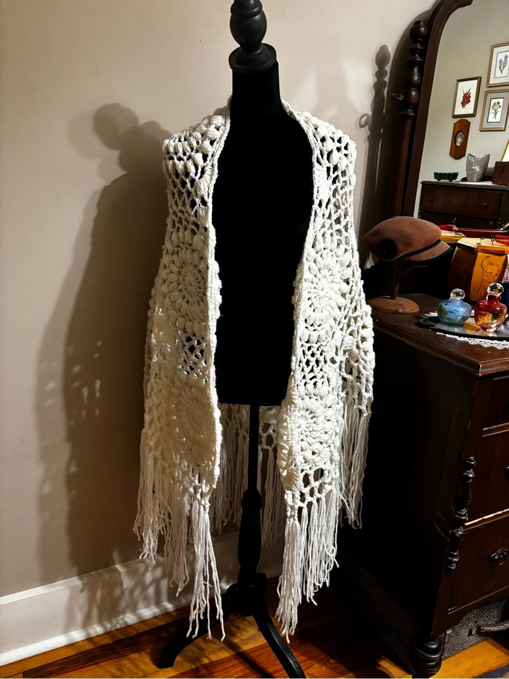 Boho Handmade Crochet Fringe Shawl - Cream Open Weave